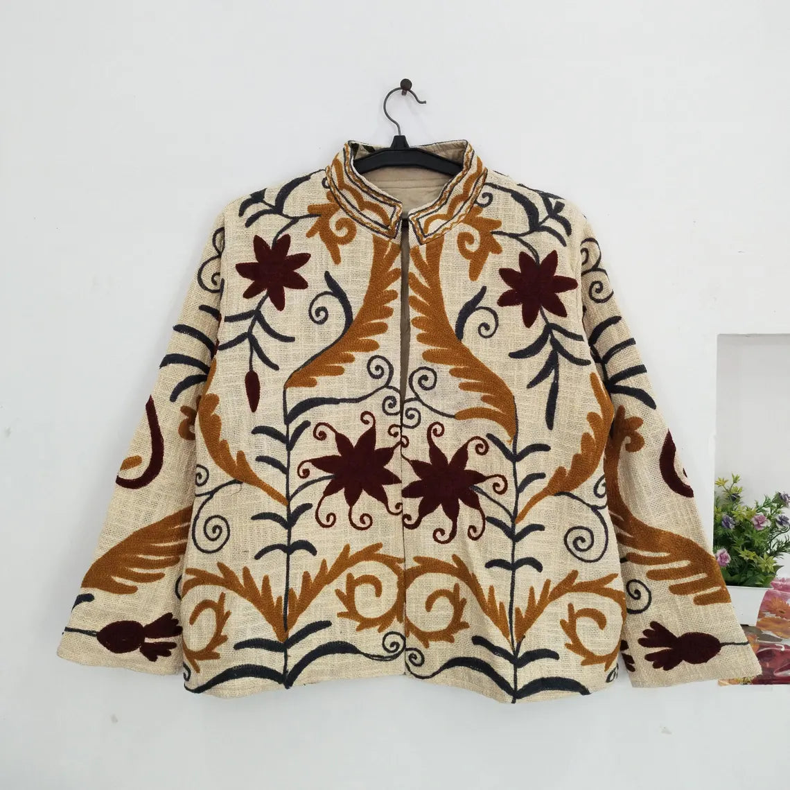 Handmade Cream TNT Suzani Jacket – Earthy Boho Embroidered Coat-TNT58