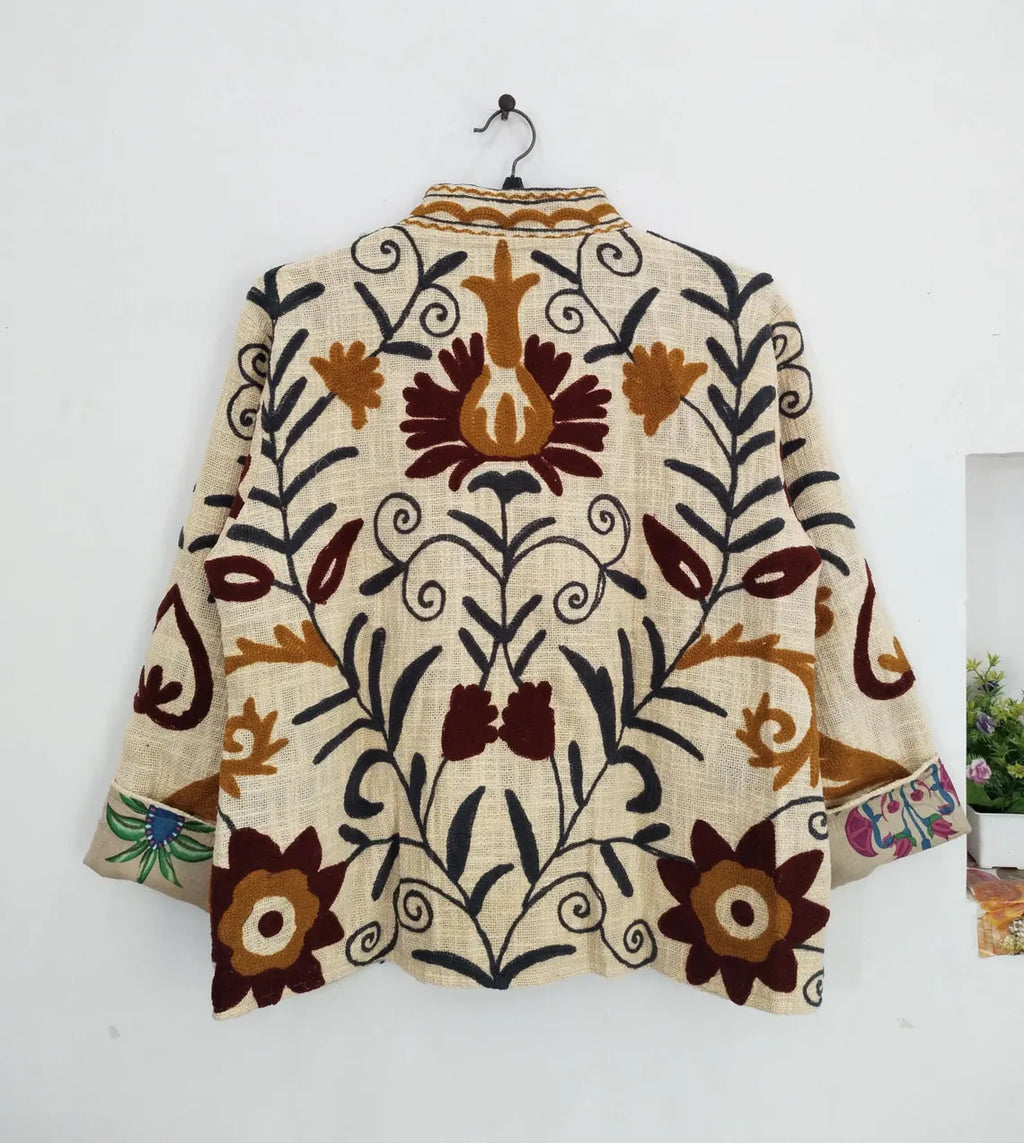 Handmade Cream TNT Suzani Jacket – Earthy Boho Embroidered Coat-TNT58