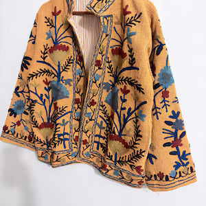 Mustard Yellow Floral Embroidered Boho Jacket | TNT Jackets Coat-TNT49
