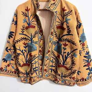 Mustard Yellow Floral Embroidered Boho Jacket | TNT Jackets Coat-TNT49
