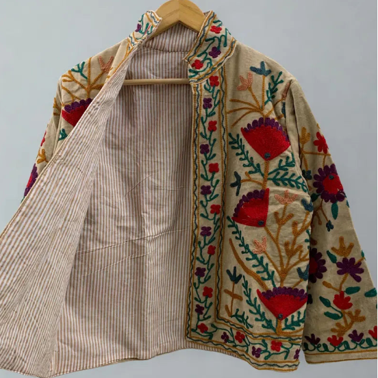Handmade Beige TNT Suzani Jacket – Red & Purple Boho Floral Coat-TNT65