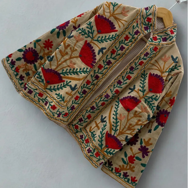Handmade Beige TNT Suzani Jacket – Red & Purple Boho Floral Coat-TNT65