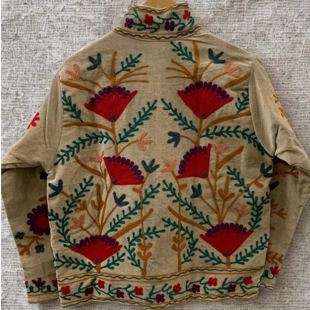 Handmade Beige TNT Suzani Jacket – Red & Purple Boho Floral Coat-TNT65