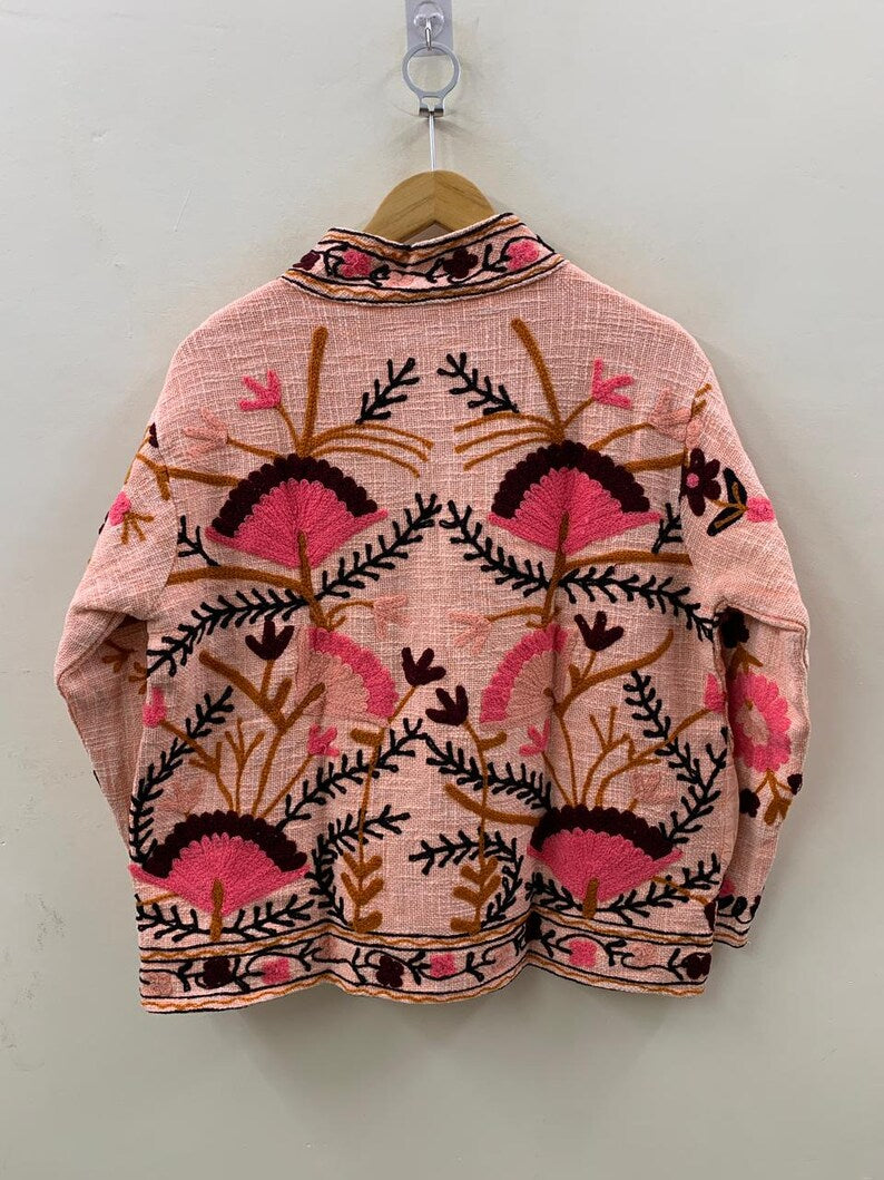 Handmade Peach TNT Suzani Jacket – Pink & Maroon Boho Floral Coat-TNT64