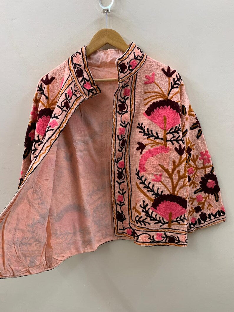 Handmade Peach TNT Suzani Jacket – Pink & Maroon Boho Floral Coat-TNT64