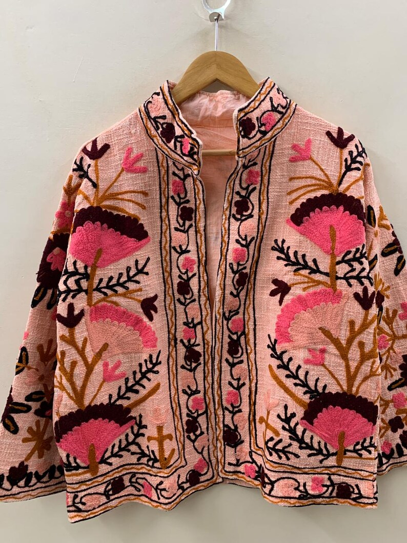 Handmade Peach TNT Suzani Jacket – Pink & Maroon Boho Floral Coat-TNT64