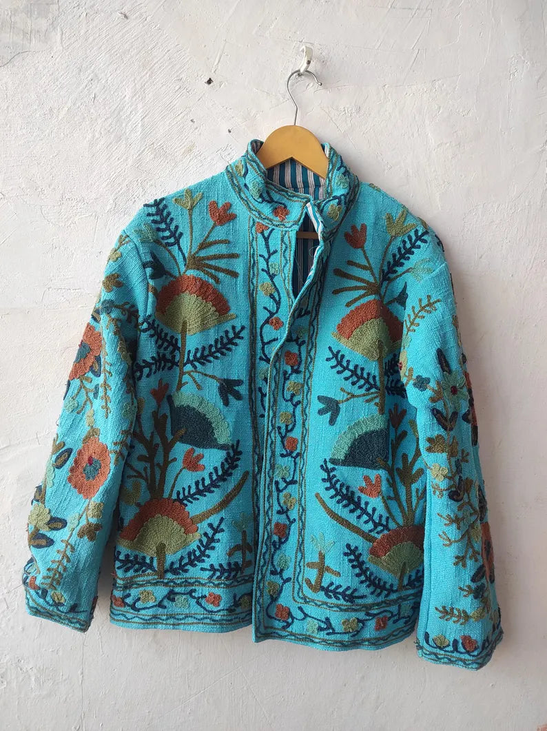 TNT Style Sky Blue Suzani Jacket – Boho Floral Embroidered Outerwear Coat-TNT55