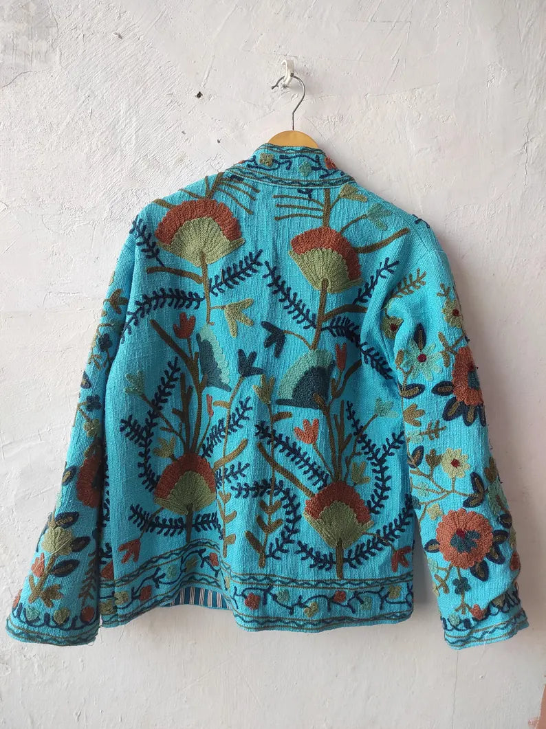 TNT Style Sky Blue Suzani Jacket – Boho Floral Embroidered Outerwear Coat-TNT55