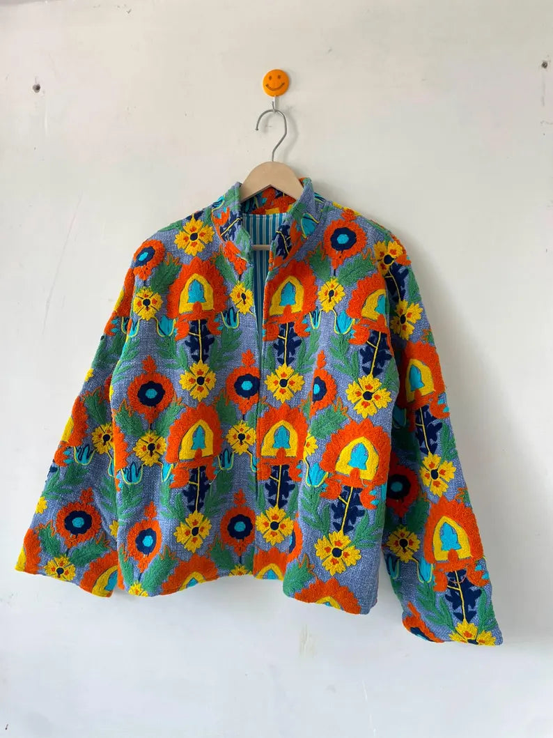 Handmade Periwinkle Blue TNT Suzani Jacket – Vibrant Boho Floral Coat-TNT62