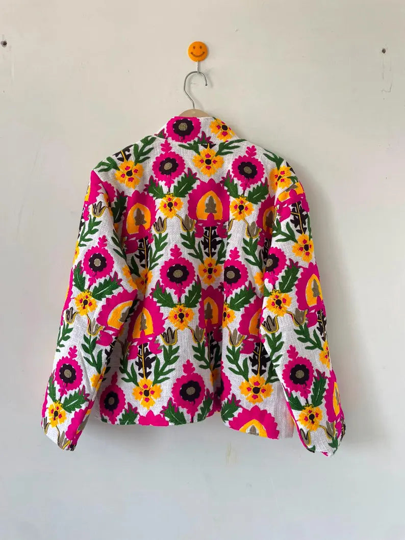 Handmade White TNT Suzani Jacket – Hot Pink Boho Floral Coat-TNT57