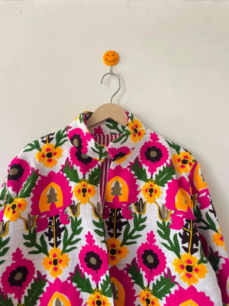 Handmade Hot Pink TNT Suzani Jacket – Boho Botanical Embroidered Coat-TNT61