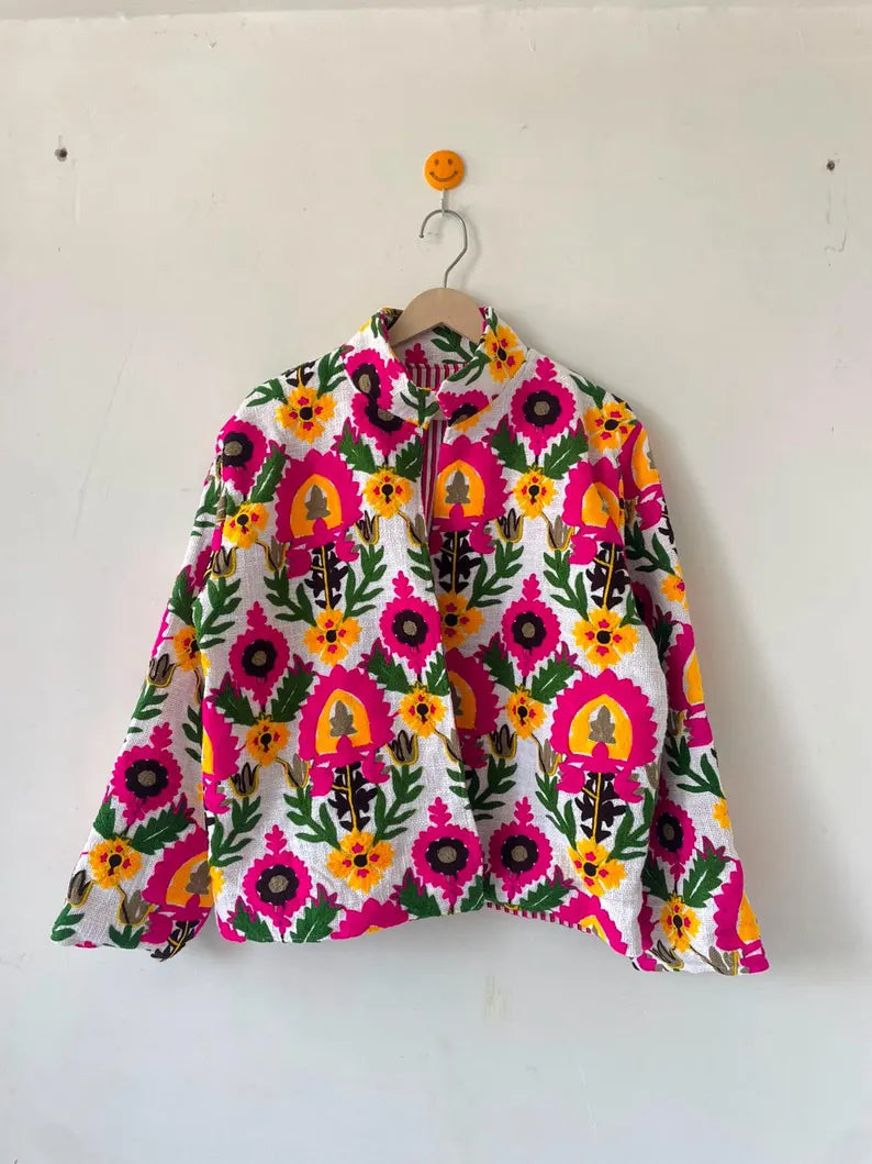 Handmade White TNT Suzani Jacket – Hot Pink Boho Floral Coat-TNT57