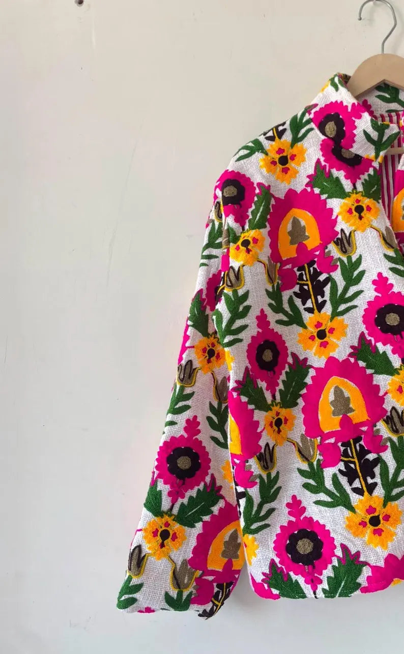 Handmade White TNT Suzani Jacket – Hot Pink Boho Floral Coat-TNT57