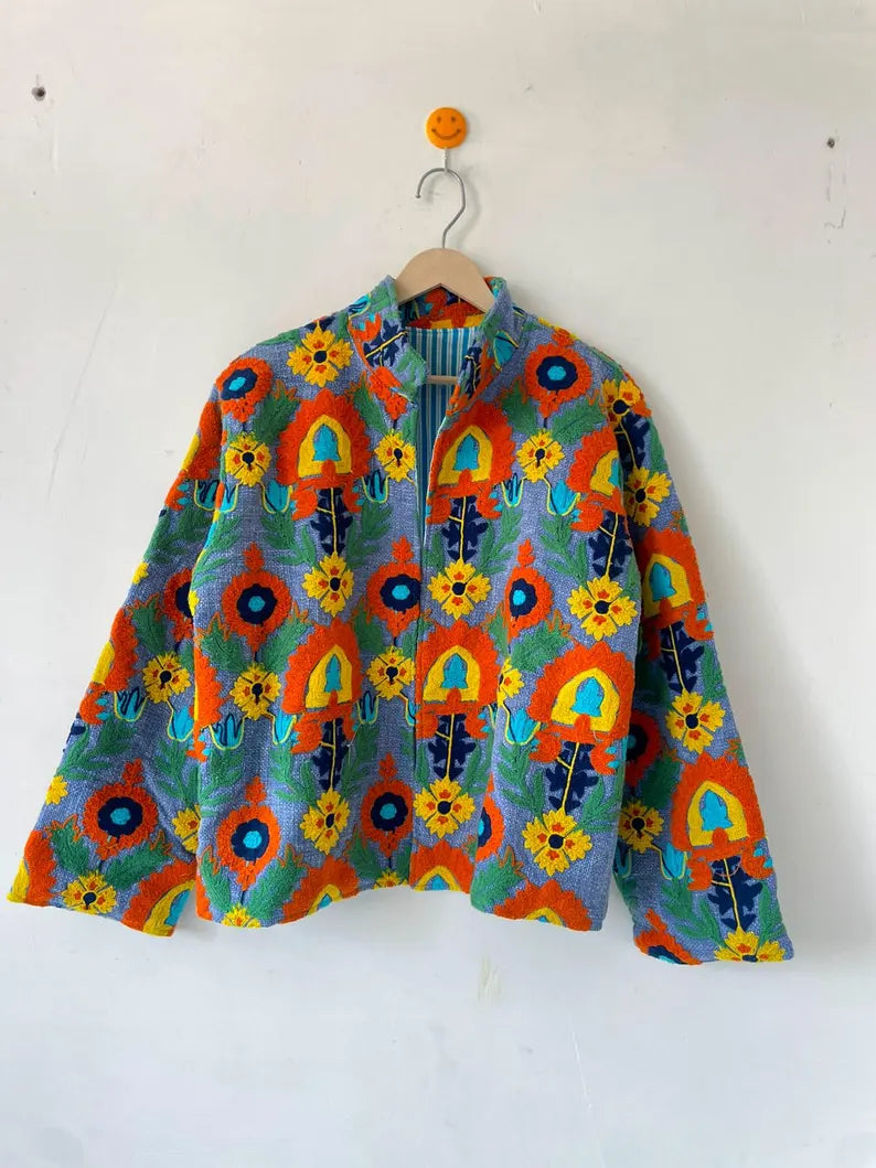 Handmade Periwinkle Blue TNT Suzani Jacket – Vibrant Boho Floral Coat-TNT62